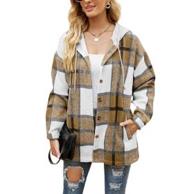 Women's Flannel Plaid Jacket Button Down Shirts Hooded Coats Shacket (Color: Red, size: L)