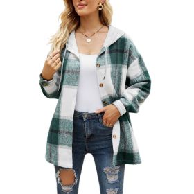 Women's Flannel Plaid Jacket Button Down Shirts Hooded Coats Shacket (Color: Green, size: 2XL)