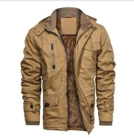 Mens Hooded Casual Zipper Fleece Jacket (Color: Brown, size: L)