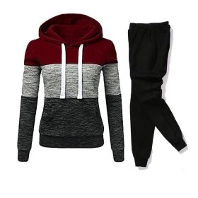 Women Tracksuit 2 Pieces Set Winter Hoodies+Pants Set Patchwork Pullover Sweatshirt Female Sport Suit Outfits for Woman Clothing (Color: BURGUNDY, size: L)