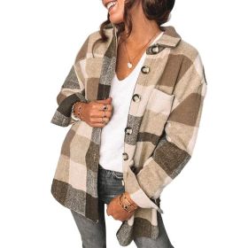 Women Flannel Plaid Jacket Button Down Shirts Coats Shacket (Color: Brown, size: XL)