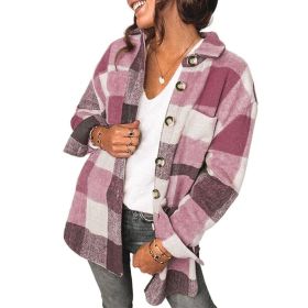 Women Flannel Plaid Jacket Button Down Shirts Coats Shacket (Color: pink, size: XL)