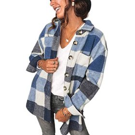 Women Flannel Plaid Jacket Button Down Shirts Coats Shacket (Color: Blue, size: S)