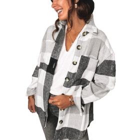 Women Flannel Plaid Jacket Button Down Shirts Coats Shacket (Color: Gray, size: M)